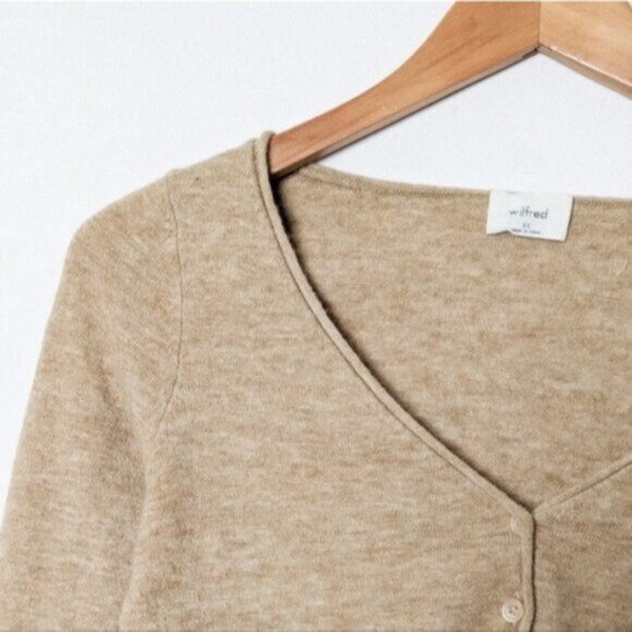 WILFRED Santorini Cardigan Sweater Wool Cashmere Knit Gold Camel XS Aritzia - Picture 11 of 14